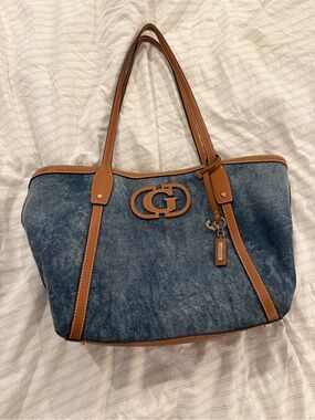 Guess Denim Tote with Tan Trim and Logo Accent